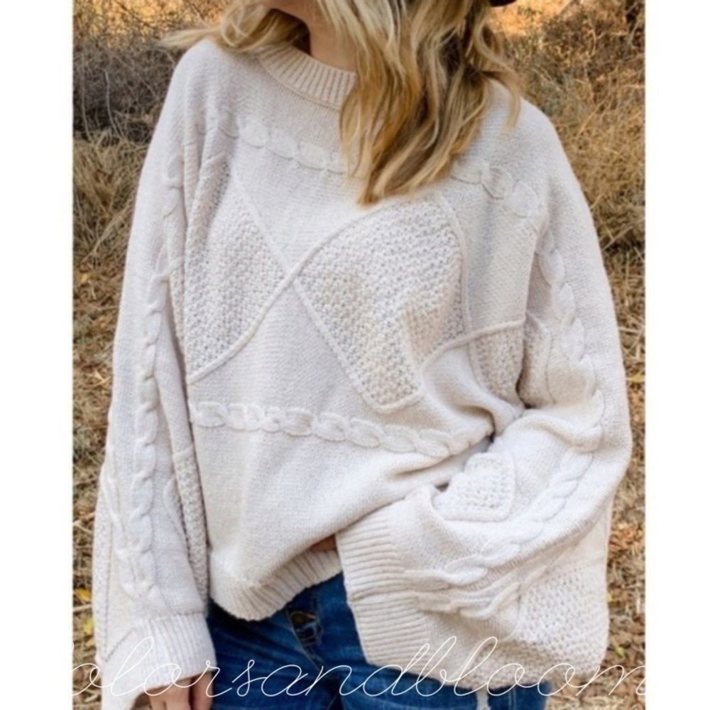 Textured Knit Cream Wide Sleeve Sweater